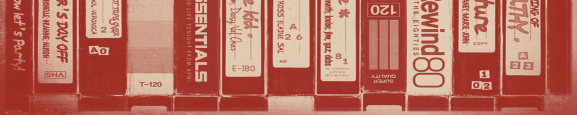 A picture of video tapes one next to another, in red monochrome tone. Original source of the picture: https://pin.it/7wFGRF9XT.